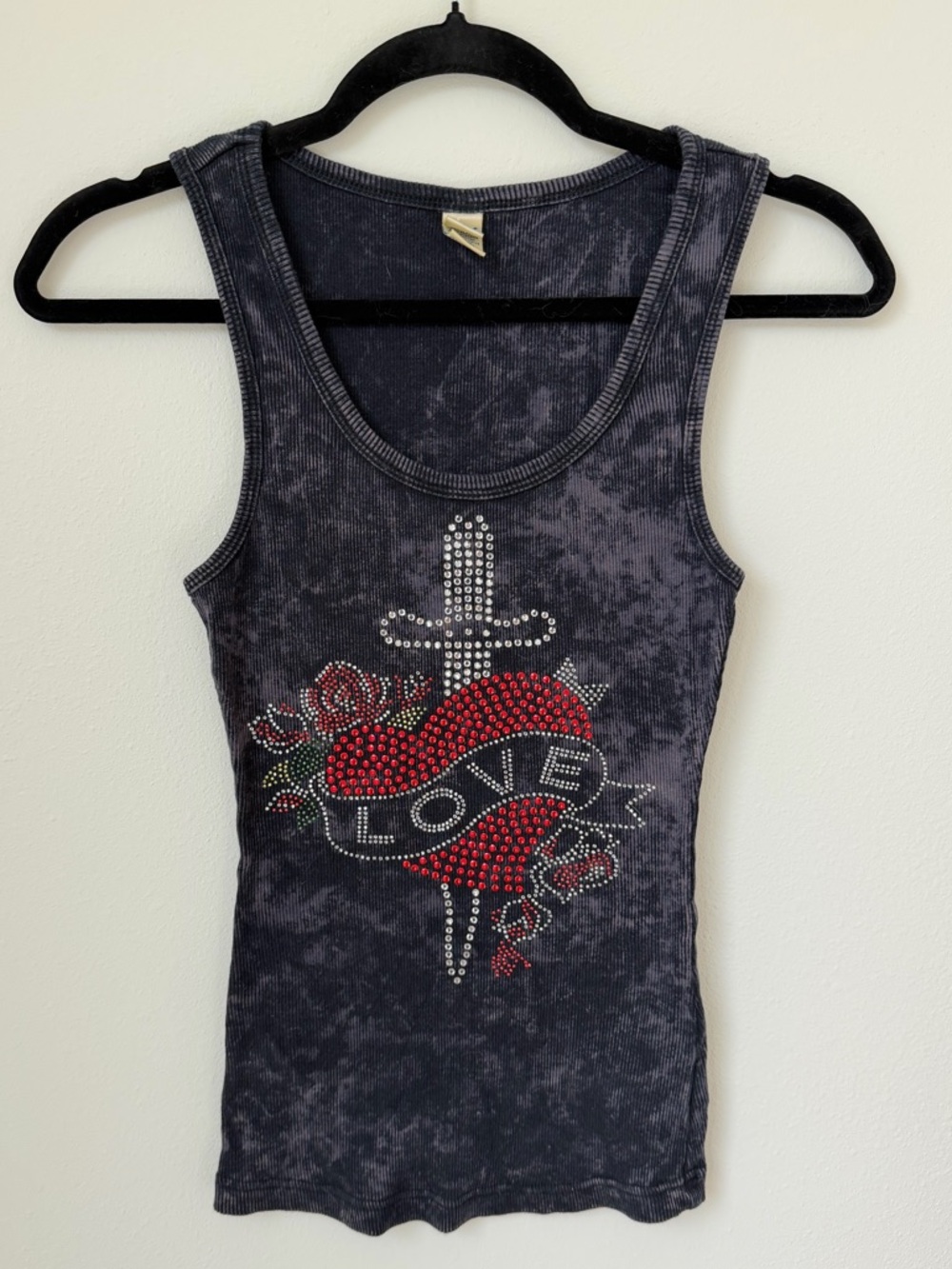 Vintage Black Acid-Wash Tank with Red Rhinestone Heart & Dagger